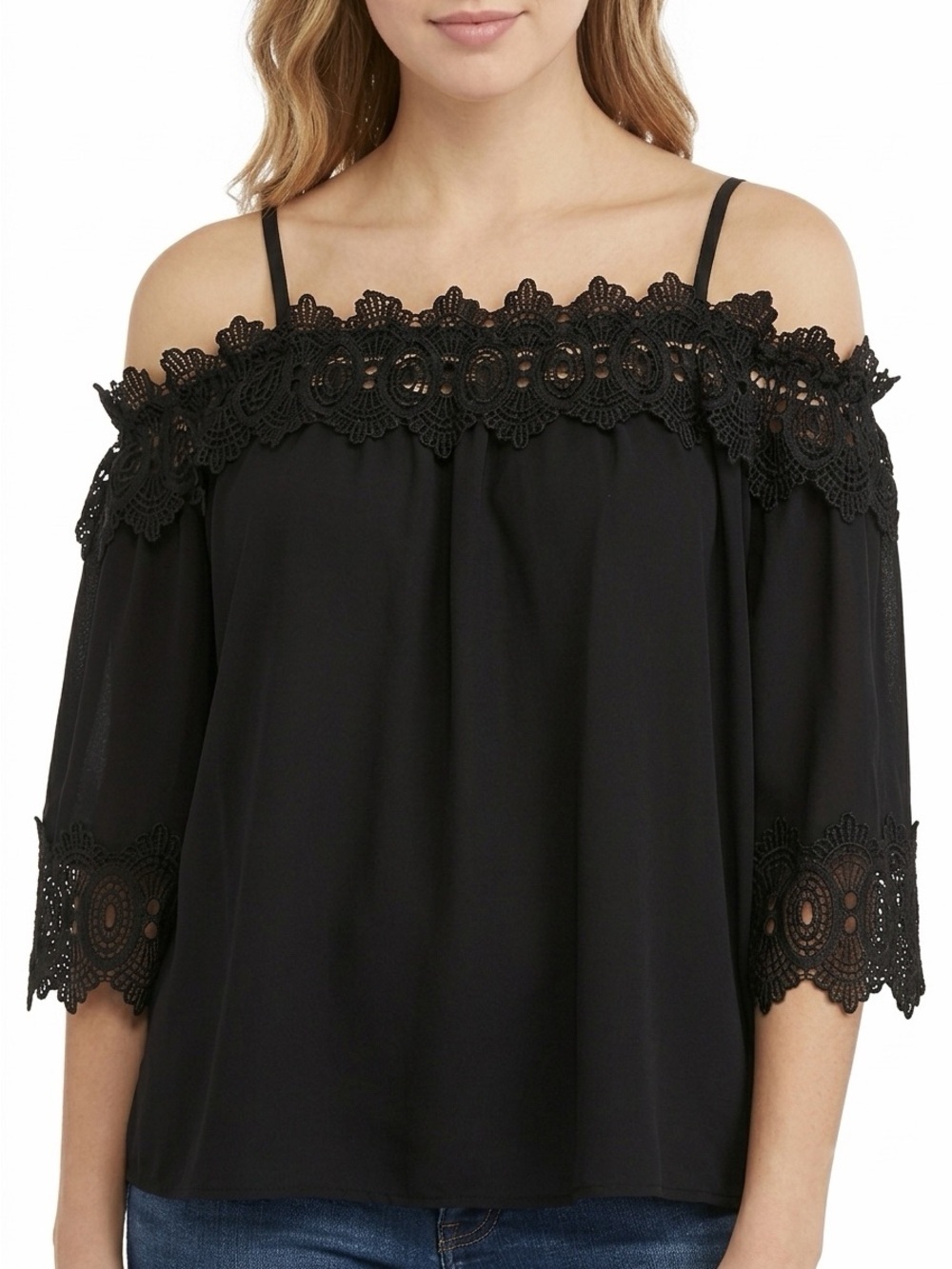 Fortune & Ivy Black Lace Crochet Off-Shoulder Blouse Size Small New